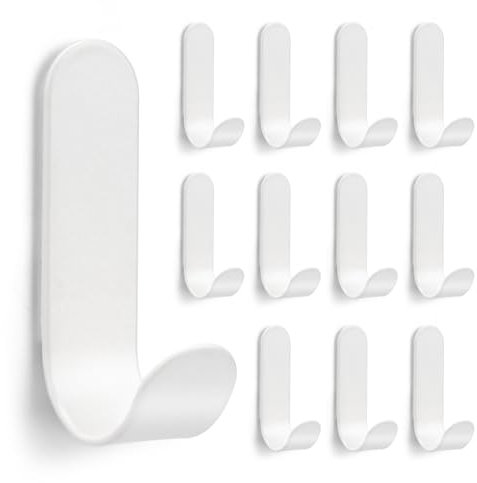 DENUOTOP 12 ganchos adhesivos, ganchos autoadhesivos, ganchos de pared de acero inoxidable, sin taladrar, ganchos para toallas de baño, cocina, ganchos para pegar (blanco, 12 unidades)