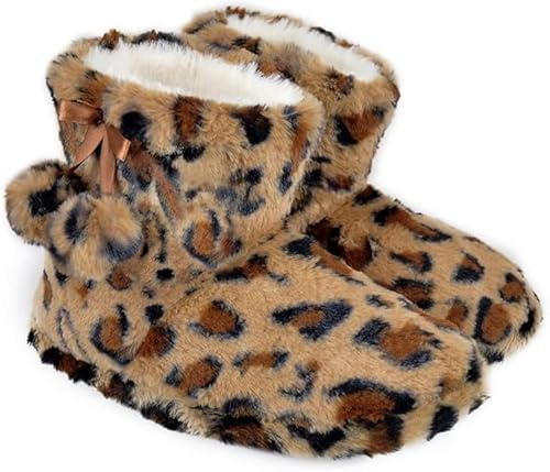 A2Z Ladies Slipper Bootie Leopard Patteren Faux Fur Novelty Warm Winter - SLPR LDS AZ32050 Brown 5/6 UK