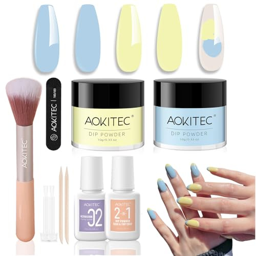 Aokitec Ensemble de 10 poudres à ongles à tremper, poudre à ongles bleue et jaune avec liquide de base à tremper, brosse à poudre pour ongles pour fête DIY, voyage, vacances, été, mer, ongles