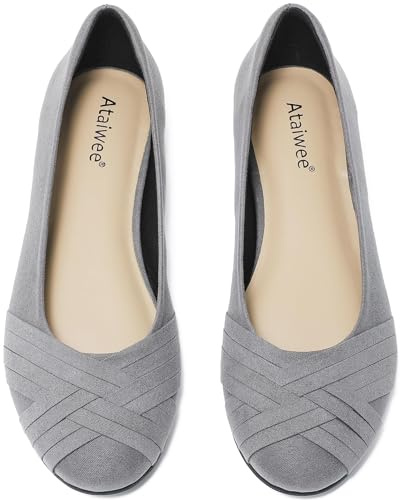 Ataiwee Women's Wide Width Flats Shoes - Elegant Slip-on Ballet Flats with Solid Color Round Toe Design.(1910002-2412, GR/MF, UK8 Wide)