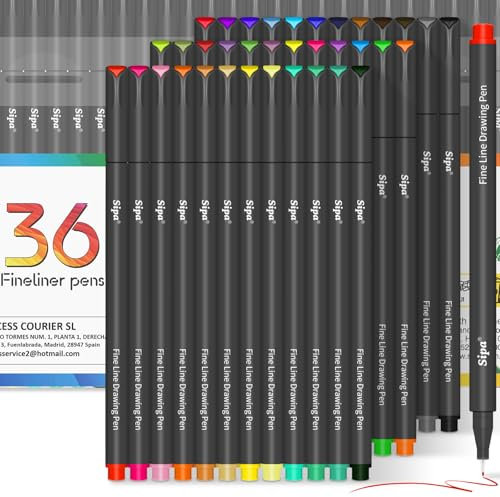 Sipa 36 farbige Fineliner-Stifte für Tagebücher, Zeichenplaner, Malbücher, Notizkalender, Sammelalbum, Bullet Journal, Schule, Kunstbedarf für Erwachsene