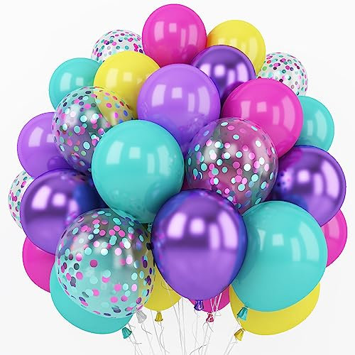 Pink Blue Purple Balloons, 60 Pcs 12 Inch Assorted Color Rainbow Balloon in Hot Pink Purple Blue Yellow Confetti Balloons for Magic Theme Birthday Kids Baby Shower Party Decoration