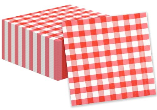 40 Stück Gingham Servietten, Rot karierte Cocktailservietten Einweg-Papierservietten Getränkeservietten für Weihnachten Restaurant Bar Picknick Geburtstag Hochzeitstag Dekorationen, 25x25cm