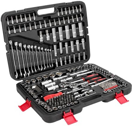 CROWNSHOP Mechanic Tool Set, 216 Pieces(Including The Case) – 1/2, 1/4, 3/8 Drive Socket Set with Ratchet Wrenches, Spanners, Bits, Hex Keys – Car & Home Repair Tool Kit in Case