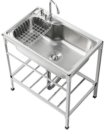 Évier de restaurant commercial en acier inoxydable, 1 bac, autonome, avec robinets froids et chauds, avec meuble inférieur, pour cuisine, garage, buanderie, extérieur