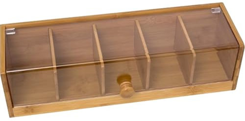 Caja de té de bambú con 5 compartimentos, a prueba de polvo y fugas, tapa transparente para bolsas de té y café, elegante accesorio de cocina