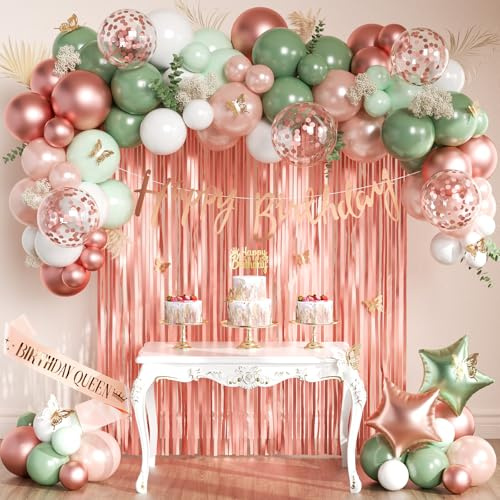 Geburtstagsdeko Grün Rosegold, Deko Geburtstag Grün und Rosagold Set, Happy Birthday Banner, Luftballons, Schärpe, Vorhang für Frauen Geburtstag Deko