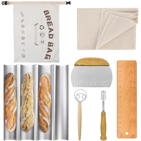 SIMTWO Set of 7 Baguette Baking Moulds - Includes 4 Baguette Baking Trays, Baker's Lines, Baker's Knives, Dough Whisk, Bread Transfer Peels, Reusable Bread Bags, Dough Cutter