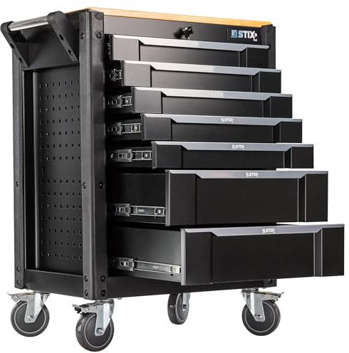 STIX Servante Atelier UltimatePro C7 Chariot à Outils avec 7 Tiroirs sur Glissières à Billes Plateau Bois Parois Perforées Verrouillage Central 4 Roues Freinées