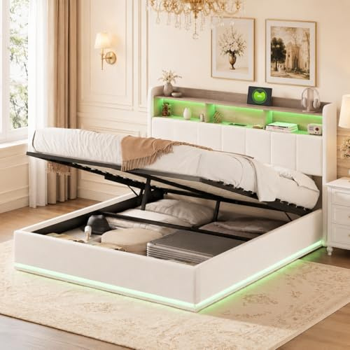 JOROBURO Polsterbett 140x200 cm mit Stauraum Kopfteil, LED Doppelbett mit Bettkasten, Jugendbett mit USB-Ladefunktion, Hydraulisch Stauraumbett Funktionsbett mit Lattenrost,Weiß,Ohne Matratze