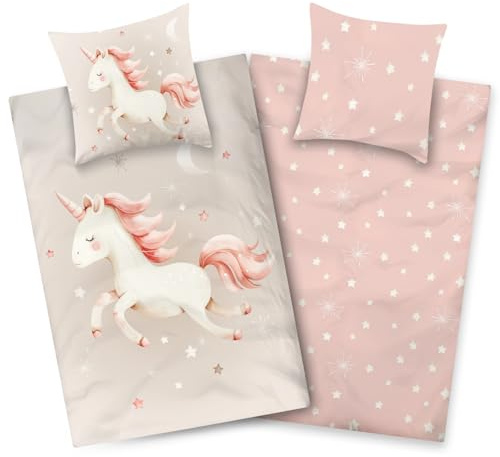 Aminata kids Bettwäsche 135x200 Mädchen mit Einhorn Motiv aus 100% Baumwolle mit Reißverschluss - Kinder-Bettwäsche-Set Einhornbettwäsche rosa grau Sterne