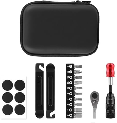 Kit Riparazione per Bici, Attrezzi Multitool Bicicletta con Chiave a Cricchetto Leva Gomme, Kit MTB Riparazioni Portatile, per Strada Bici, Montagna, Campeggio, Viaggi
