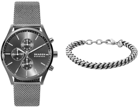 Skagen Herren Holst Chronograph Graue Edelstahl Uhr und Hulsten Silberfarbener Armband, Set