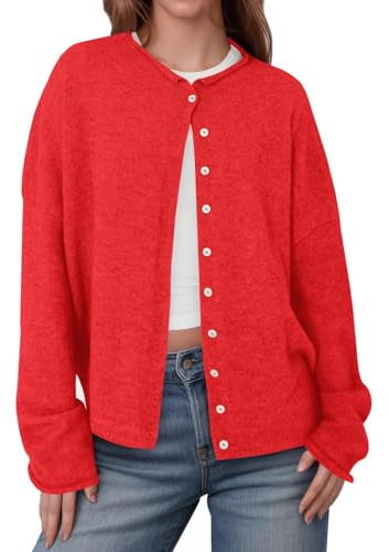 Saodimallsu Cárdigan corto para mujer, manga larga, cuello redondo, suave, monocolor, con botones, rojo, S