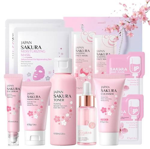 Sakura Skincare Set gåvor för kvinnor, Sakura Skin Care – ansiktsvård skönhetsset flickor, hudvårdsset rengöring och närande – med serum, kräm, toner, ögonkräm, slammask (ljusrosa)