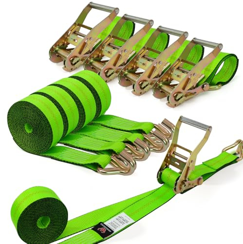4 Pack 20ft Ratchet Straps Heavy Duty, 10,000 LBS Break Strength, 2 x 20' Heavy Duty Cargo Straps with Double J Hooks, Cargo Tie Down Straps Perfect for Truck, Trailers, Moving Appliances (Green)