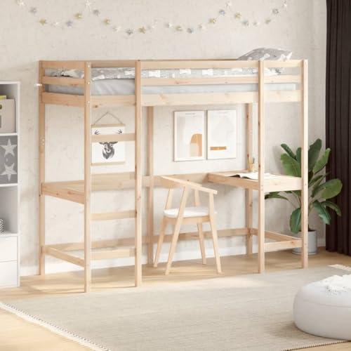 QJBSAVVA Kiefern Hochbett mit Schreibtisch 80x200 cm massiv unbehandelt 205,5x87,5x175 cm Jugendbett platzsparend für Kinderzimmer Homeoffice