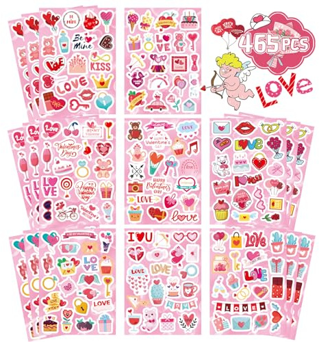 465 Stück Valentine‘s Day Aufkleber, Wiederverwendbare & Wasserdichte Love Sticker für Kinder, Herz Aufkleber Set für Valentinstag Party, Hochzeit, Geburtstag Dekoration