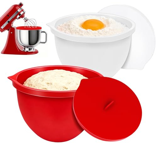 Kkluno Silikon Rührschüssel Set für KitchenAid, 2er Pack Silikoneinsätze mit Deckel, Hitzebeständig bis 232°C, Passend für KitchenAid 5 Qt/4,8L Standmixer, Spülmaschinenfest (Weiß/Rot)