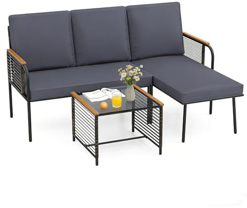 LIFEZEAL 3-TLG. Balkonlounge, Rattan Gartenmöbel Set mit Couchtisch, Gartenlounge Set Ecklounge Gartensofa mit Kissen, Lounge Möbel Terrassenmöbel Outdoor (Grau+Braun)