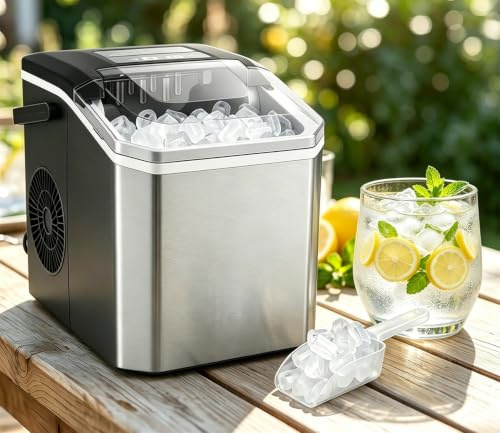 Ice Maker Countertop with Handle, Stainless Steel Ice Maker, 2 Sizes Ice Cube Machine with Self Cleaning, 7 Minutes 9 Cubes, 12Kg/24H, Scoop & Basket for Kitchen Home Office Dorm Party Camping