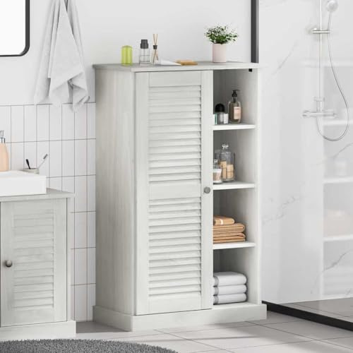 GeenYuu Armadietto bagno VIGO bianco antico in legno di pino massello 68 x 34 x 110 cm con 7 ripiani e molto spazio per mobili da bagno, lavandino, armadio e stoccaggio