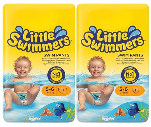 Little Swimmers Swim Pants Size 5–6, 12–18kg, Disposable Baby Swimming Nappies, Easy-On Swim Diapers for Pool, Beach & Holidays, Finding Dory Design, 11 Pants Per Pack, Pack of 2