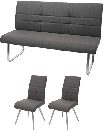 Mendler Set 2X Esszimmerstuhl+Sitzbank HWC-G55 - grau-braun Bank 160cm | Küchenstuhl, Stuhl, Stoff/Textil, Edelstahl