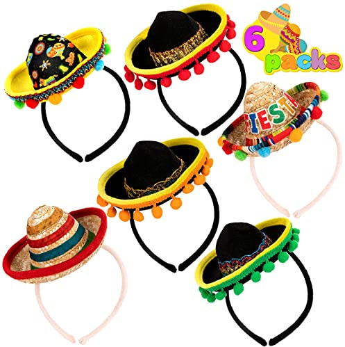 JOYIN 6 PCS Cinco De Mayo Fiesta Fabric and Straw Sombrero Hat Party Costume for Fun Fiesta Headbands Party Supplies, Mexican Theme Decorations, Luau Event Photo Props and Party Favors