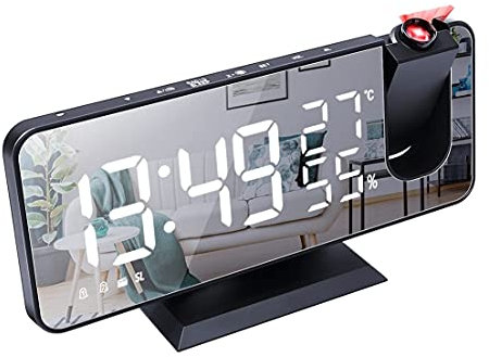 DBOATB Projection Alarm Clock with Temperature Hygrometer， LED Digital Clock with FM Radio and USB Charging， Weather Station Dimmable Snooze Dual Alarms