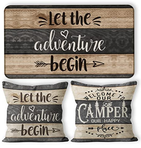M-Qizi Camper Decor Doormat Pillow Cover Set - 1 * 30''x17'' Camper Rugs for Inside, 2 * 18x18 Camper Pillows Cover, RV Decorations for Inside Camper - Let The Adventure Begin
