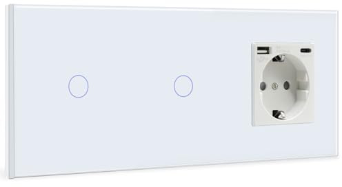 BSEED Touch Lichtschalter mit Steckdosen doppelte 1 Fach 1 Weg Wandschalter mit einer USB Steckdose Anschluss (Max. 2.1A) Typ C Port Unterputz Touchscreen-schalter mit Glasrahmen 228mm Weiß