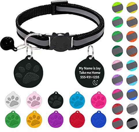 Uiopa Reflektierendes Katzenhalsband + Plakette mit Gravur, Katzenhalsband mit Namen, Katzenhalsband mit Sicherheitsverschluss und Glöckchen, Verstellbar Katzen Halsband Personalisiert