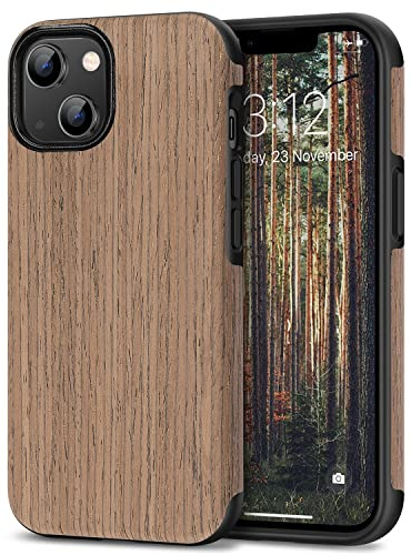 TENDLIN Kompatibel mit iPhone 14 Hülle, Holz und TPU Silikon Hybrid Handyhülle (Schwarz Palisander)