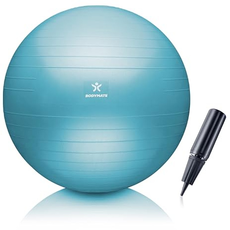 Bodymate Exercise Ball, Sitting Ball, Training Ball with Free E-Book, Including Air Pump Ball for Fitness, Yoga, Gymnastics, Core Training, for Strong Back, as an Office Chair, Blue 65 cm