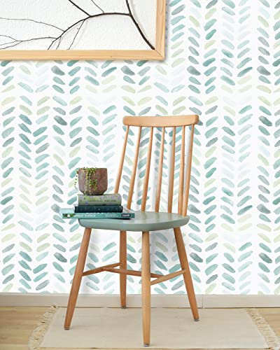 Sevalo Green and White Peel and Stick Wallpaper Boho 17.3inW 197inL Contact Paper for Cabinets Green Modern Herringbone Wallpaper Self-Adhesive Removable Wall Paper Bathroom Waterproof Kids Teal