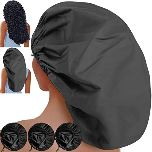 Sheomern 3 Pcs 16.5 Super Jumbo Duschhaube Damen, Extra-Groß XXL Doppelte Wasserdichte Duschhauben Verstellbare Wiederverwendbare Haube Satin Seide Haarhaube Bonnet für Frauen Dreadlocks Lange Haare