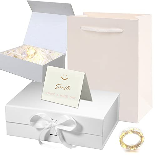 Geschenkbox mit Deckel,Geschenkbox mit Schleifen,Faltbare Geschenkbox,Dekorative Box,Geschenkbox Set,LED-Lichterkette,Raffia Hamper Shreds,Geschenk Verpackungsbox für Hochzeit Geburtstag