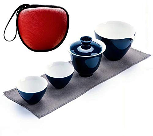 HWSY Service à thé Utilitaire en céramique Mini Kungfu Tout-en-Un, théière de Voyage avec 2 Tasses à thé, théière en Porcelaine Chinoise avec Sachet de thé pour Les Voyages d'affaires, la Maison, Le
