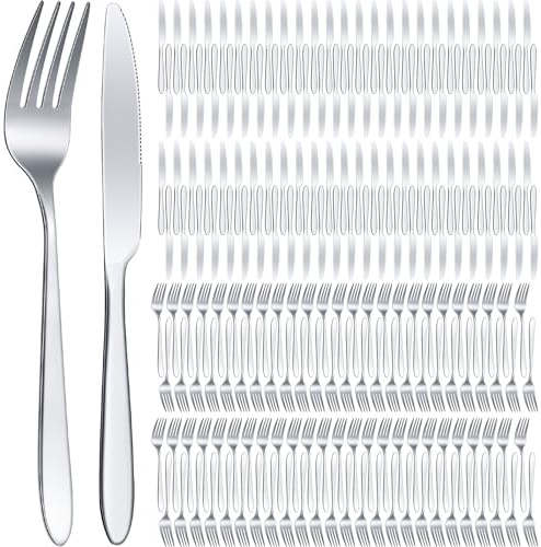 Nuenen 150 Pcs Stainless Steel Set 75 Dinner Forks and 75 Knives, Metal Steak Knives Forks Flatware Tableware Cutlery Set for Home Restaurant(Silver,8.4 x 0.7 Inch,7.1 x 1 Inches)