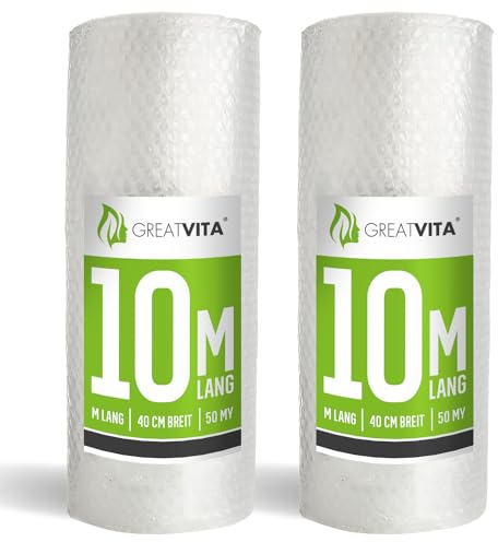 2x Luftpolsterfolie 40cm x 10m (50my) | Versand- und Verpackungsfolie für Umzüge | Schutzpolsterfolie für empfindliche Gegenstände | 100% recycelbar, Premiumqualität Noppenfolie Rolle | GreatVita