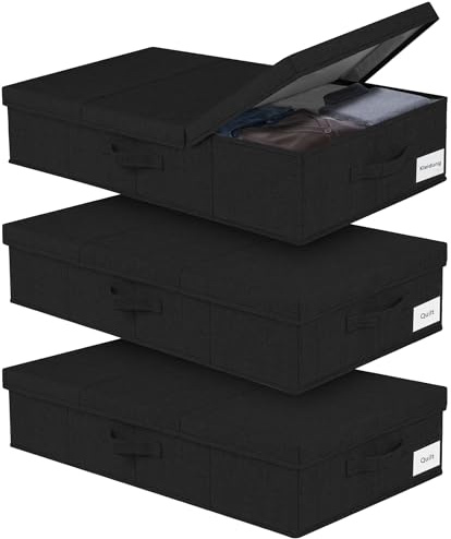Scatole portaoggetti sotto il letto con coperchi, confezione da 3, grandi, pieghevoli, con manici | Per vestiti, coperte, scarpe e cuscini, design pieghevole con manici per una facile organizzazione sotto il letto