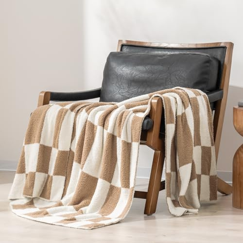 EverGrace Super Soft Checkered Knit Throw Blanket for Couch, Cozy Fluffy Plush Fuzzy Microfiber Check Checkerboard Chenille Knitted Blanket and Throws for Bed, Chair, Home Decor, Caramel, 50x60