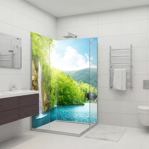 dedeco Duschrückwand wasserfest Motiv: Wasserfall V9, 2 x 100x200 cm, als Badrückwand zum Fliesenersatz, als Dekorwand, Wandverkleidung und Duschplatte aus Aluminium - Made in Germany