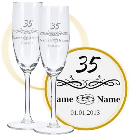 LALALO Sektglas mit Gravur 35. Hochzeitstag (2 St.), Leinwand-Hochzeit, Korallenhochzeit Sektgläser Geschenk personalisiert/graviert, Jahrestag (Ringliebe)