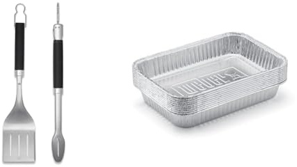 Weber 6763 Precision Grill Tongs & Spatula Set Premium Grillbesteck-2-teilig, Schwarz/Silber & 6415 Small 7-1/2-Inch-by-5-inch Aluminum Drip Pans, Set of 10