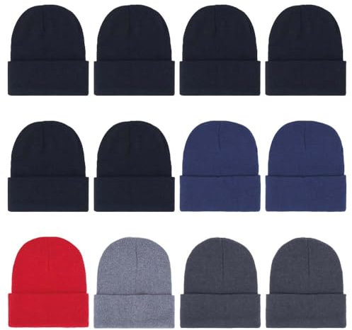 ZH 12-Pack Knitted Winter Beanie Hats for Men and Women, Warm and Cozy Cuffed Skull Caps, Bulk Purchase