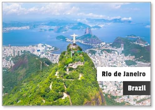 Schöne Luftaufnahme der Stadt Rio De Janeiro mit Corcovado und Zuckerhut im Hubschrauberfahrt – Rio De Janeiro, Brasilien, Kühlschrankmagnet