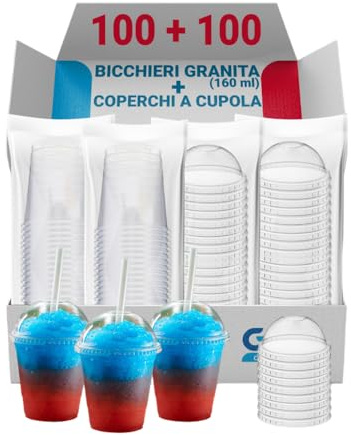G.M. DISTRIBUZIONE 100 Bicchieri Granita in PS da 160ml + 100 Coperchi A Cupola in PS, Bicchieri e Coperchi Usa e Getta Trasparenti, Bicchiere Monouso Alta Qualità per Bar e Gelaterie.