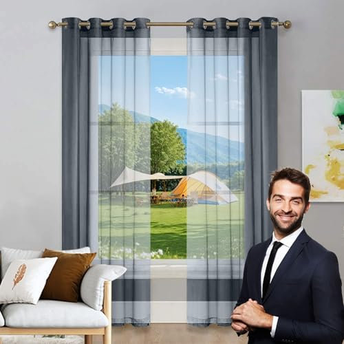 LIUNADM Verdunkelungsvorhang 200 x 70 cm Polyester, mit Ösen Transparent Querbehang Gardine Durchsichtig Tüllstoff für Wohnzimmer Landhaus Kleine Fenster, Grau